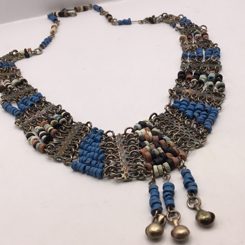 Vintage Egyptian Faience Blues And Earth Tone Bead Necklace